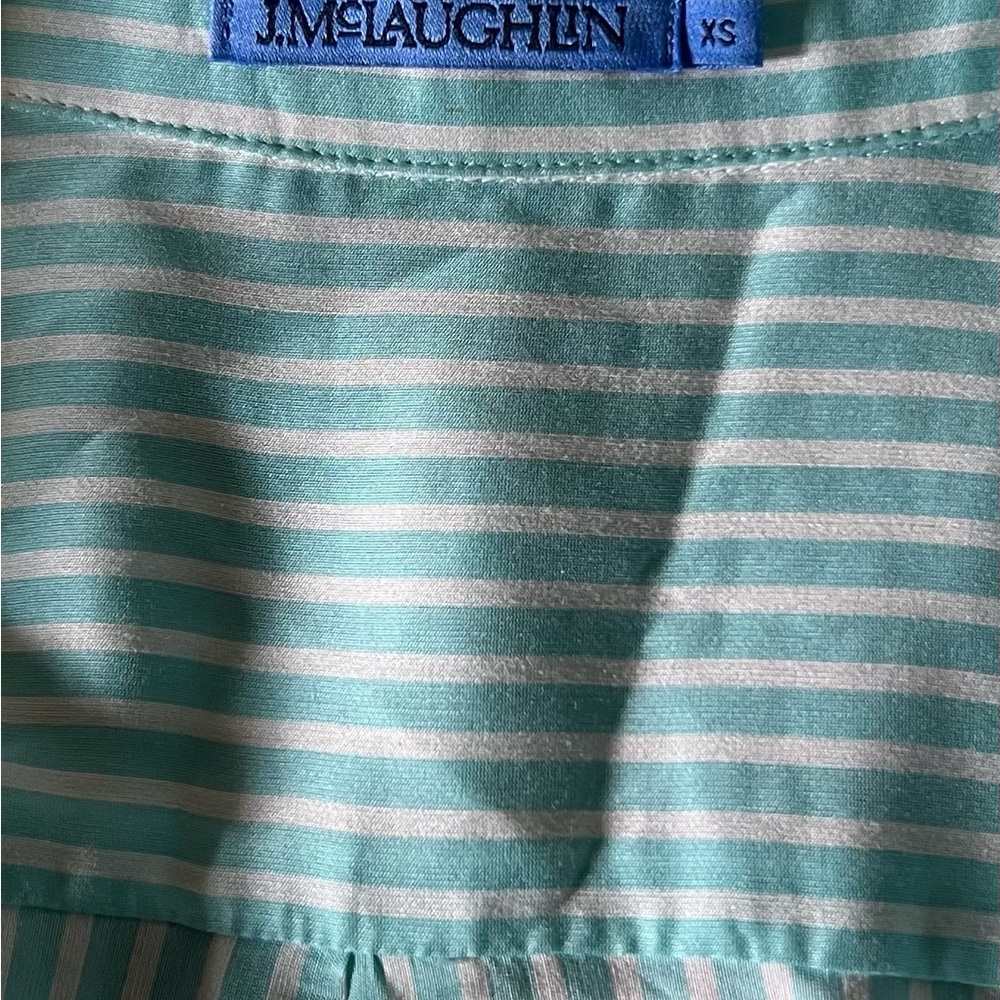 J. McLaughlin Teal and White Striped Sloane Shirt Silk Blend - Picture 10 of 11
